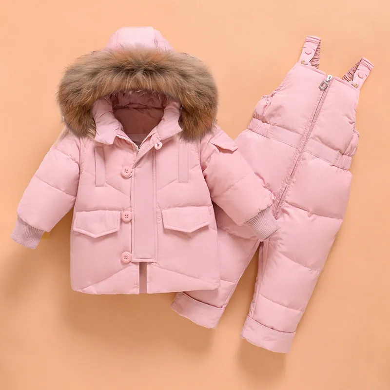 JiAmy Fashionable Ski Bib Pants Fur Down Jacket Toddler Winter Outfit Sets Snowsuit