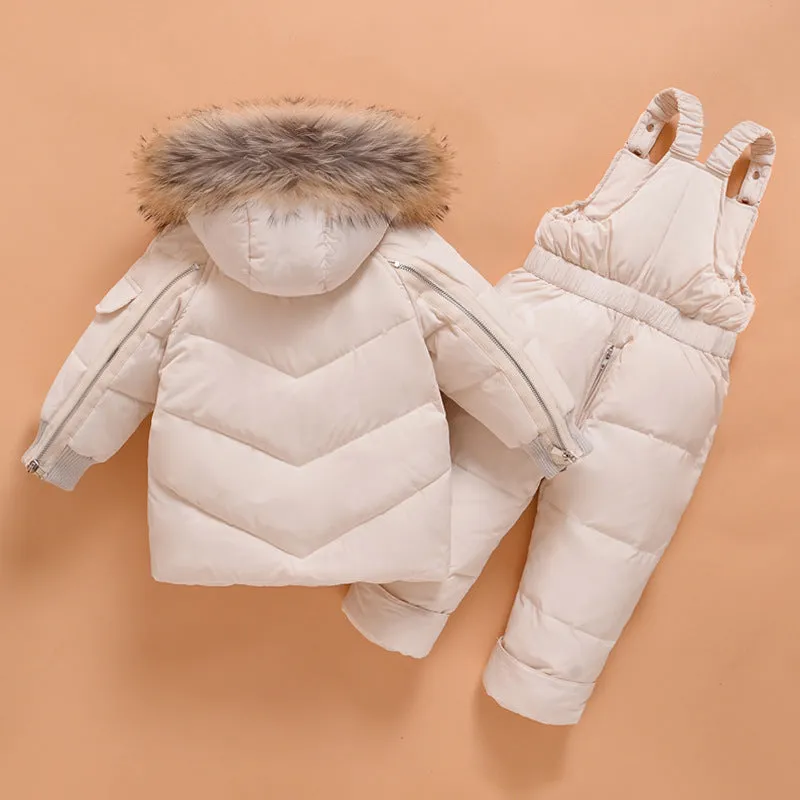 JiAmy Fashionable Ski Bib Pants Fur Down Jacket Toddler Winter Outfit Sets Snowsuit