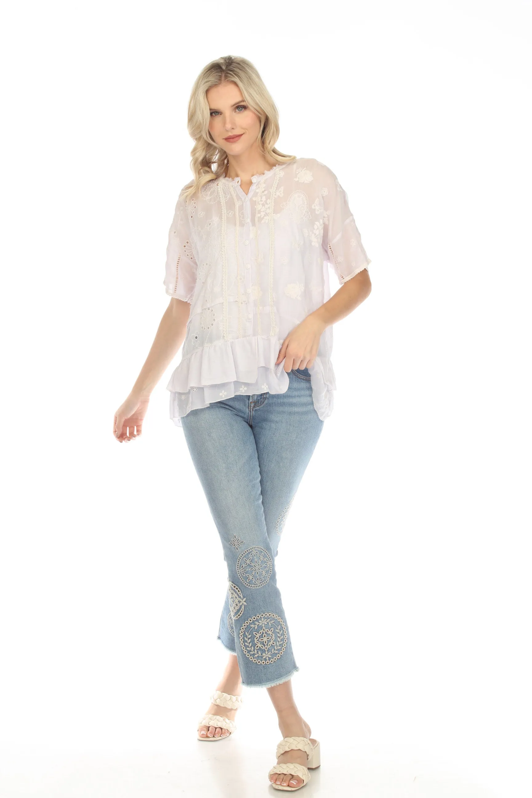 Johnny Was Summer Hyacinth Eyelet Embroidered Blouse C13323