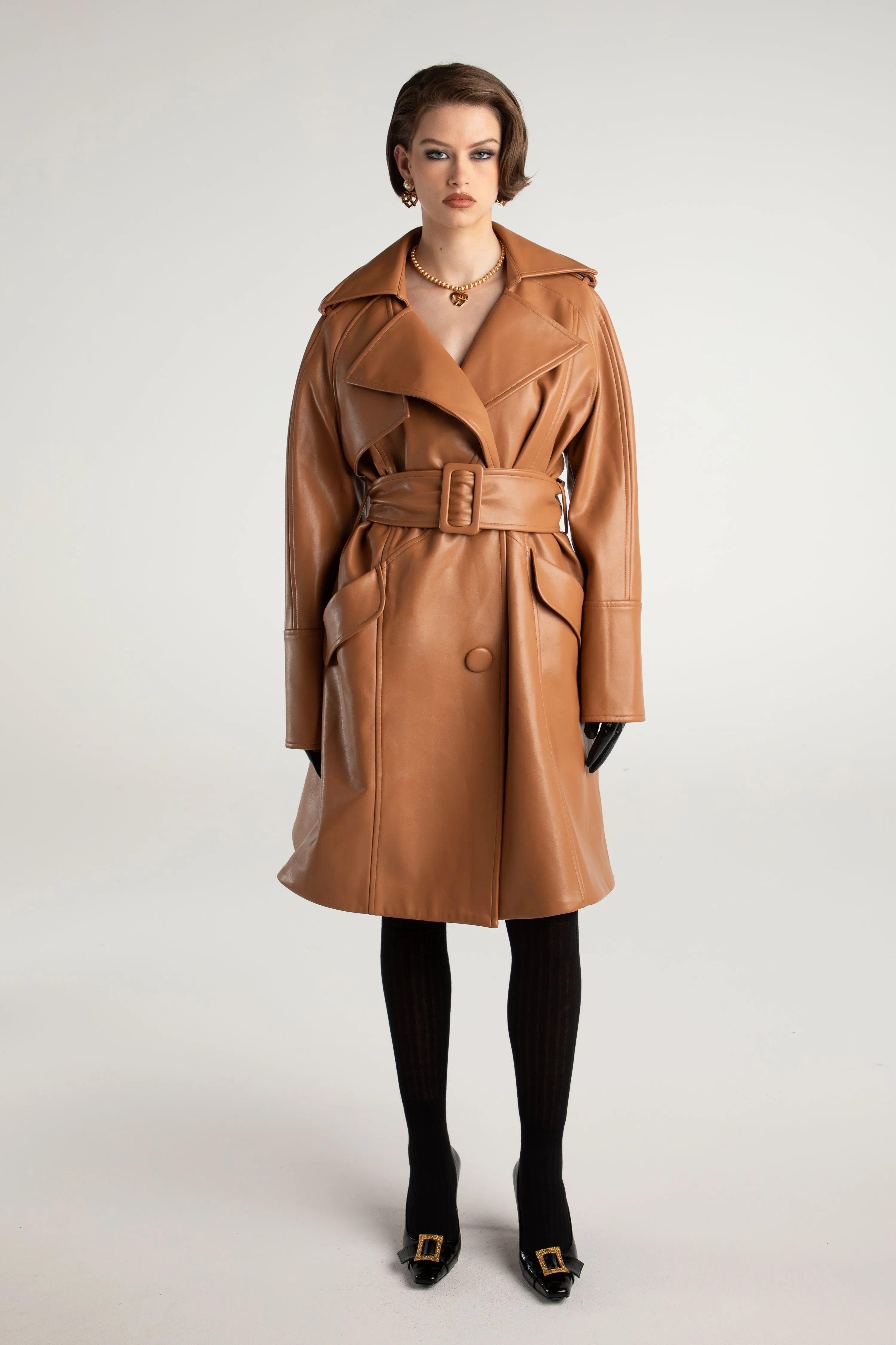 Keira Leather Trench Coat (Brown) (Final Sale)