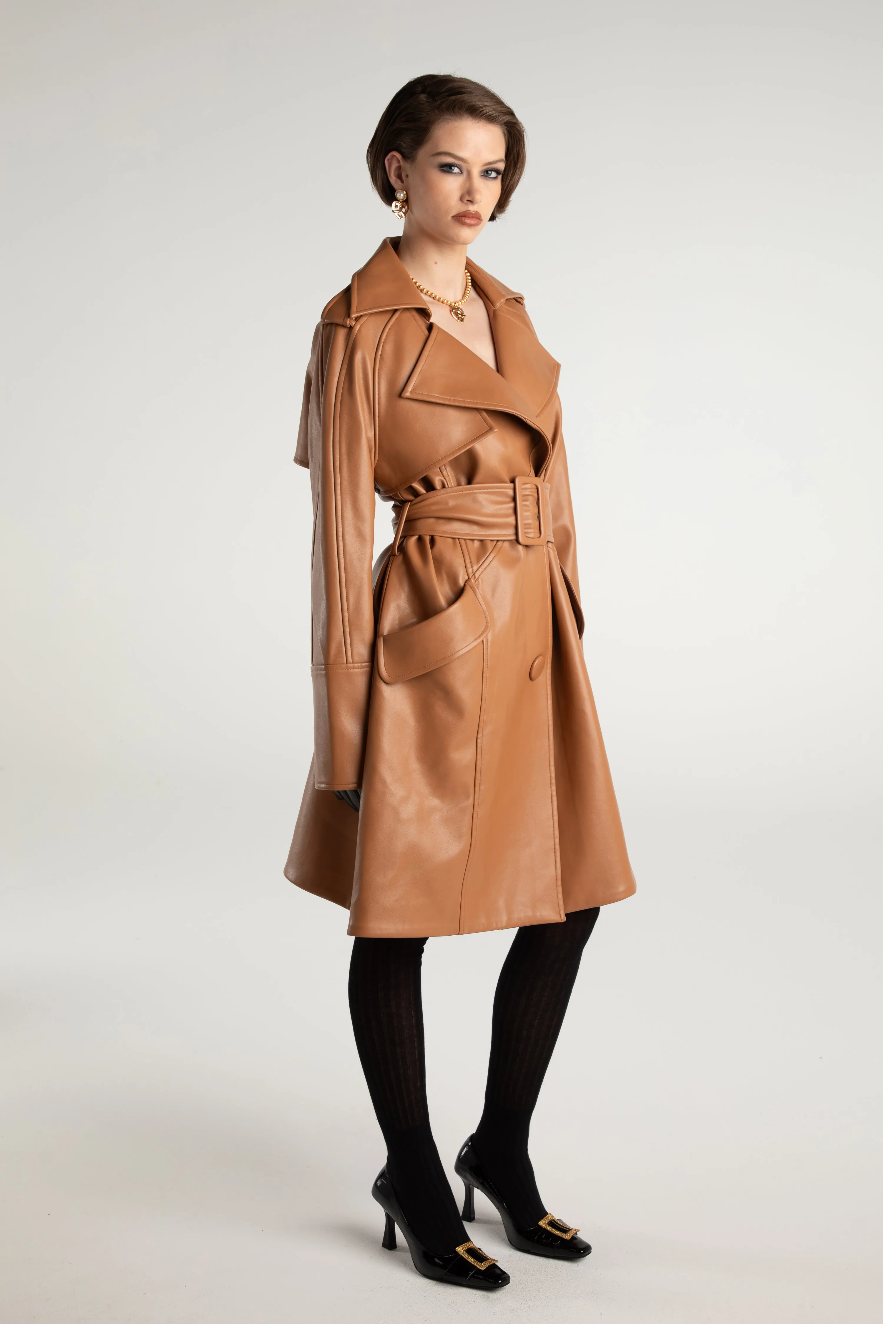 Keira Leather Trench Coat (Brown) (Final Sale)