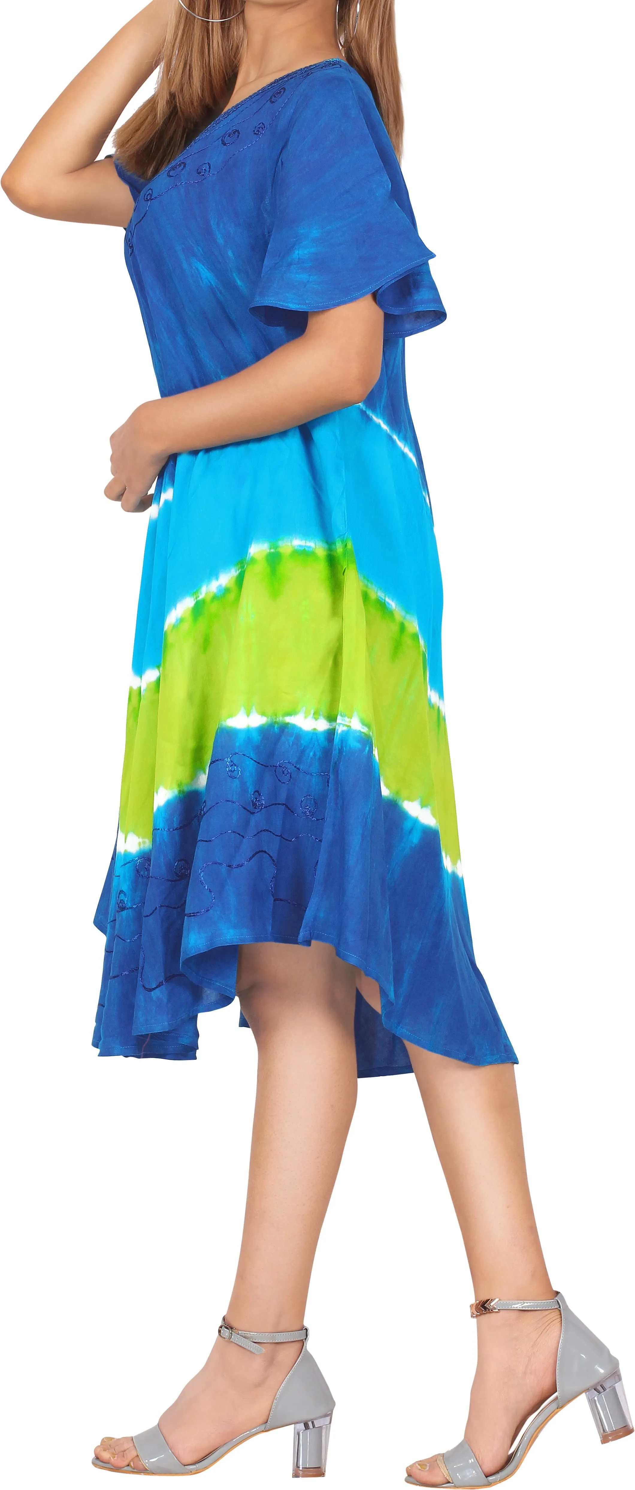 LA LEELA Embroidered Tie Dye Short Beachwear Dress OSFM 14-20W [L- 2X]Blue_3692