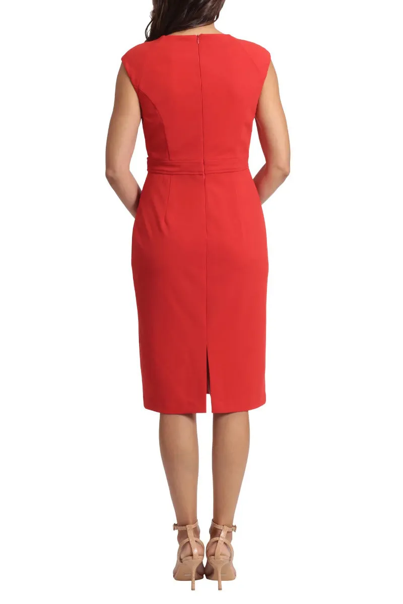 London Times Split Neck Sleeveless Buckle Waist Scuba Crepe Sheath Dress