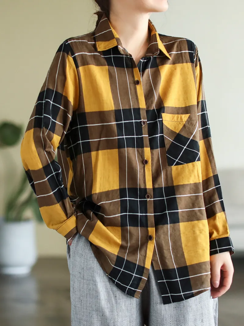 Long Sleeve Stylish Lapel Plaid Loose Causal Shirt Dress