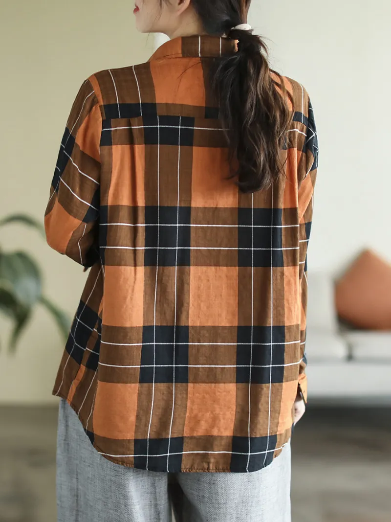 Long Sleeve Stylish Lapel Plaid Loose Causal Shirt Dress