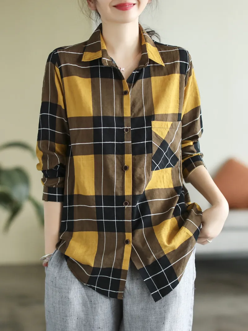 Long Sleeve Stylish Lapel Plaid Loose Causal Shirt Dress