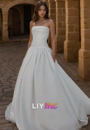 LW937 - Straight Across Sleeveless Pleated A-Line Satin Beach Wedding Dress