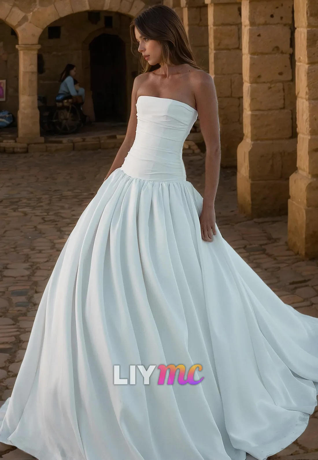 LW937 - Straight Across Sleeveless Pleated A-Line Satin Beach Wedding Dress