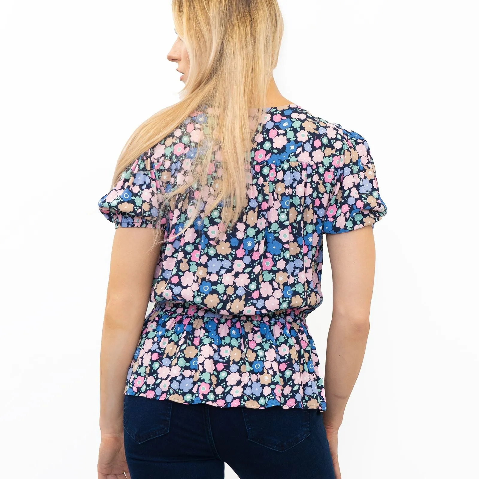 M&S Navy Blue Floral Blouse Elasticated Waist Short Sleeve V-Neckline Tops