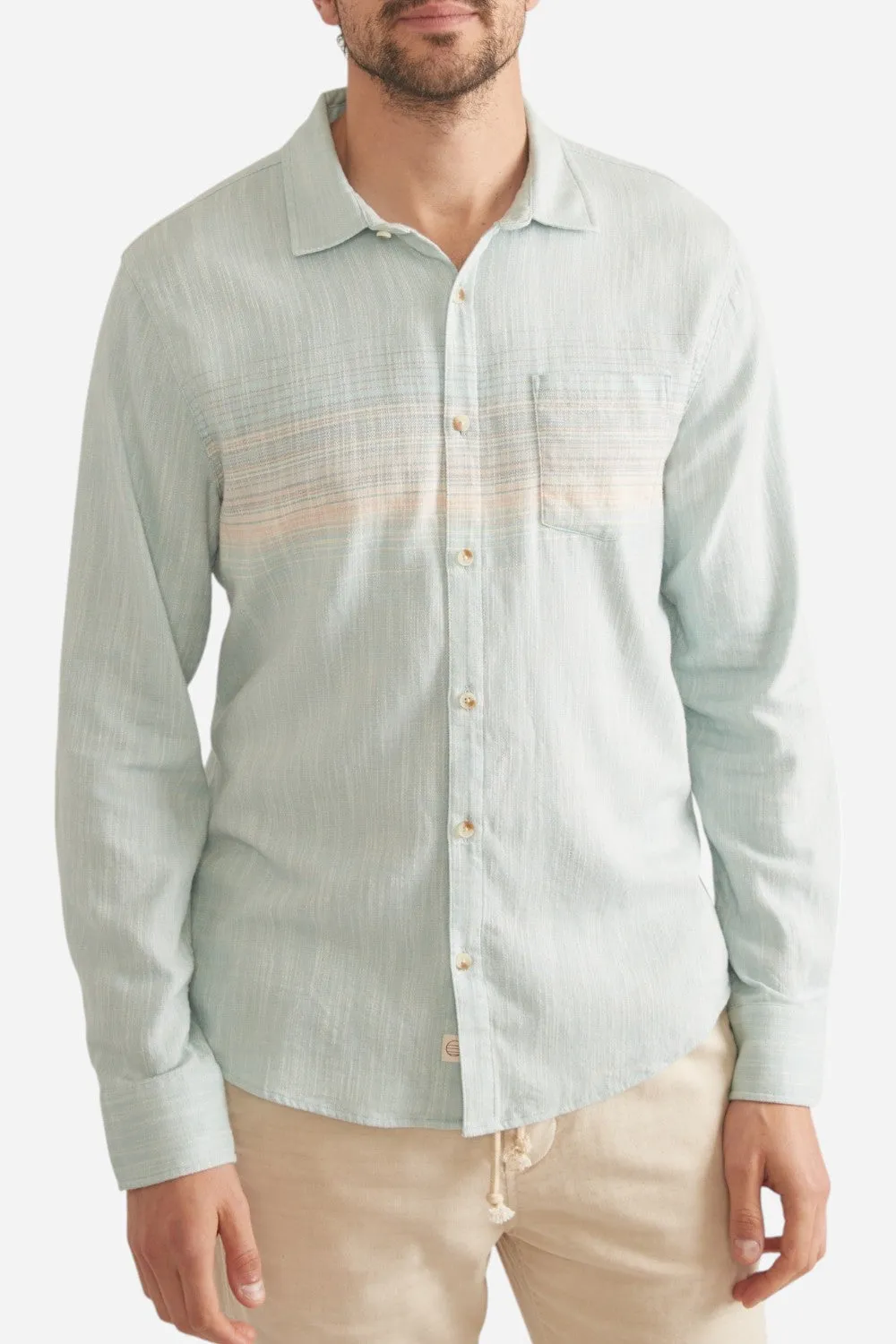 Marine Layer Stretch Selvage Classic Long-Sleeve in Blue Pink Stripe