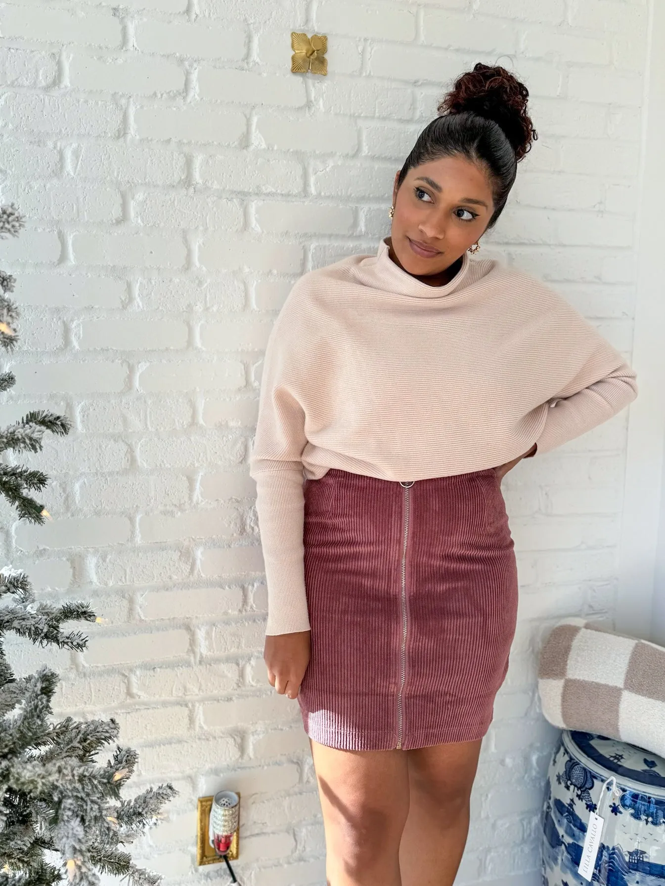 Mauve Corduroy Zip Up Mini Skirt