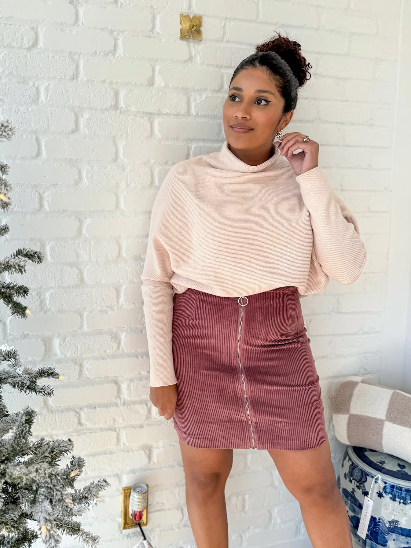 Mauve Corduroy Zip Up Mini Skirt