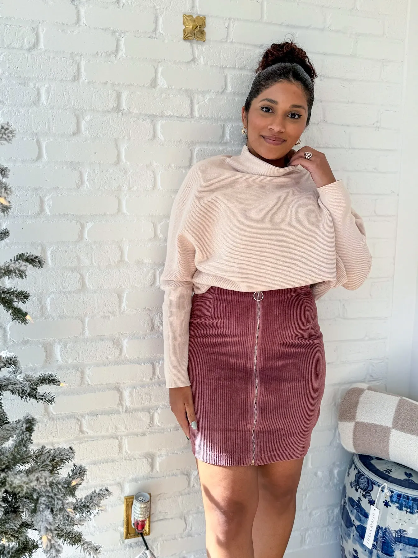 Mauve Corduroy Zip Up Mini Skirt