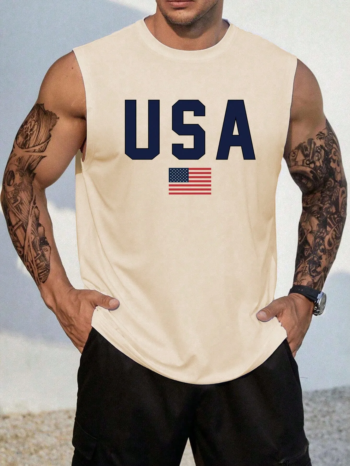 Men's Casual Tank Top - Letter & Flag Print, Sleeveless, Round Neck