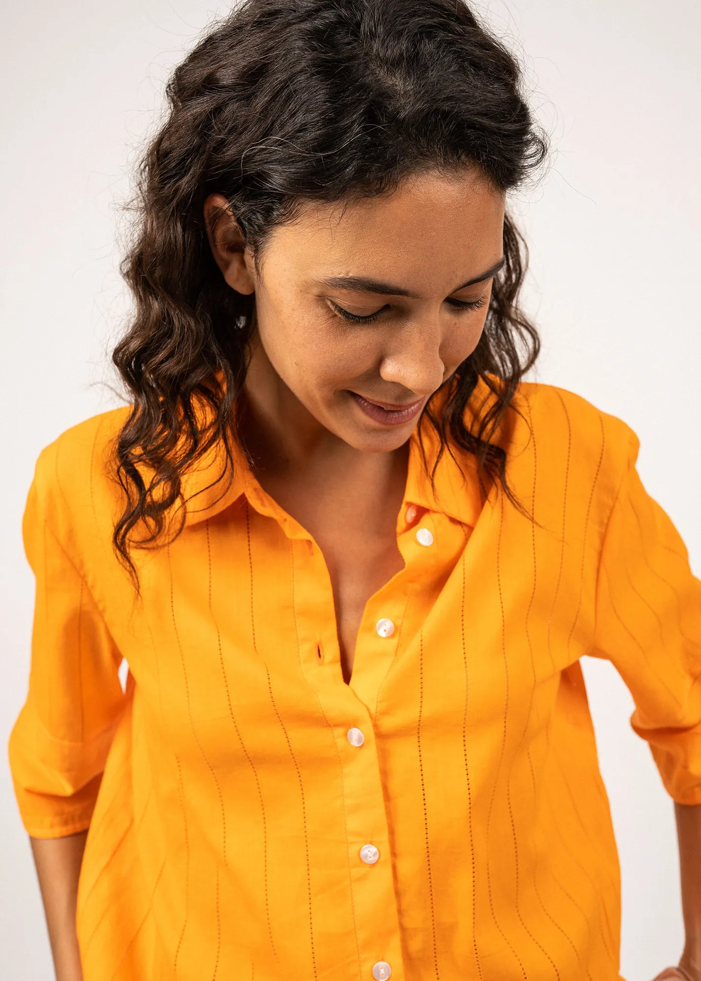 MEREDITH - Blouse With Short Pagoda Sleeve | 100% Cotton (TANGERINE)