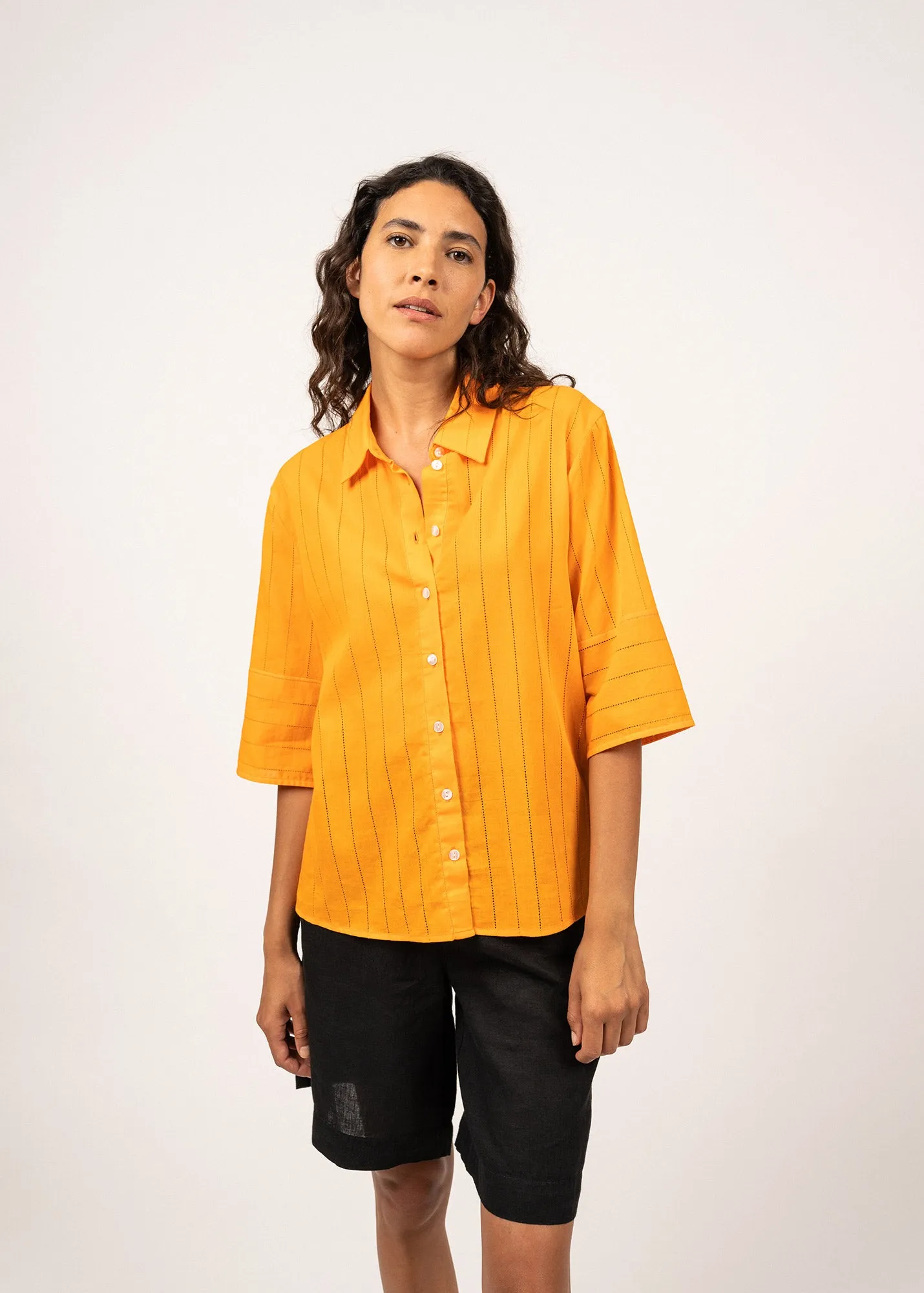 MEREDITH - Blouse With Short Pagoda Sleeve | 100% Cotton (TANGERINE)