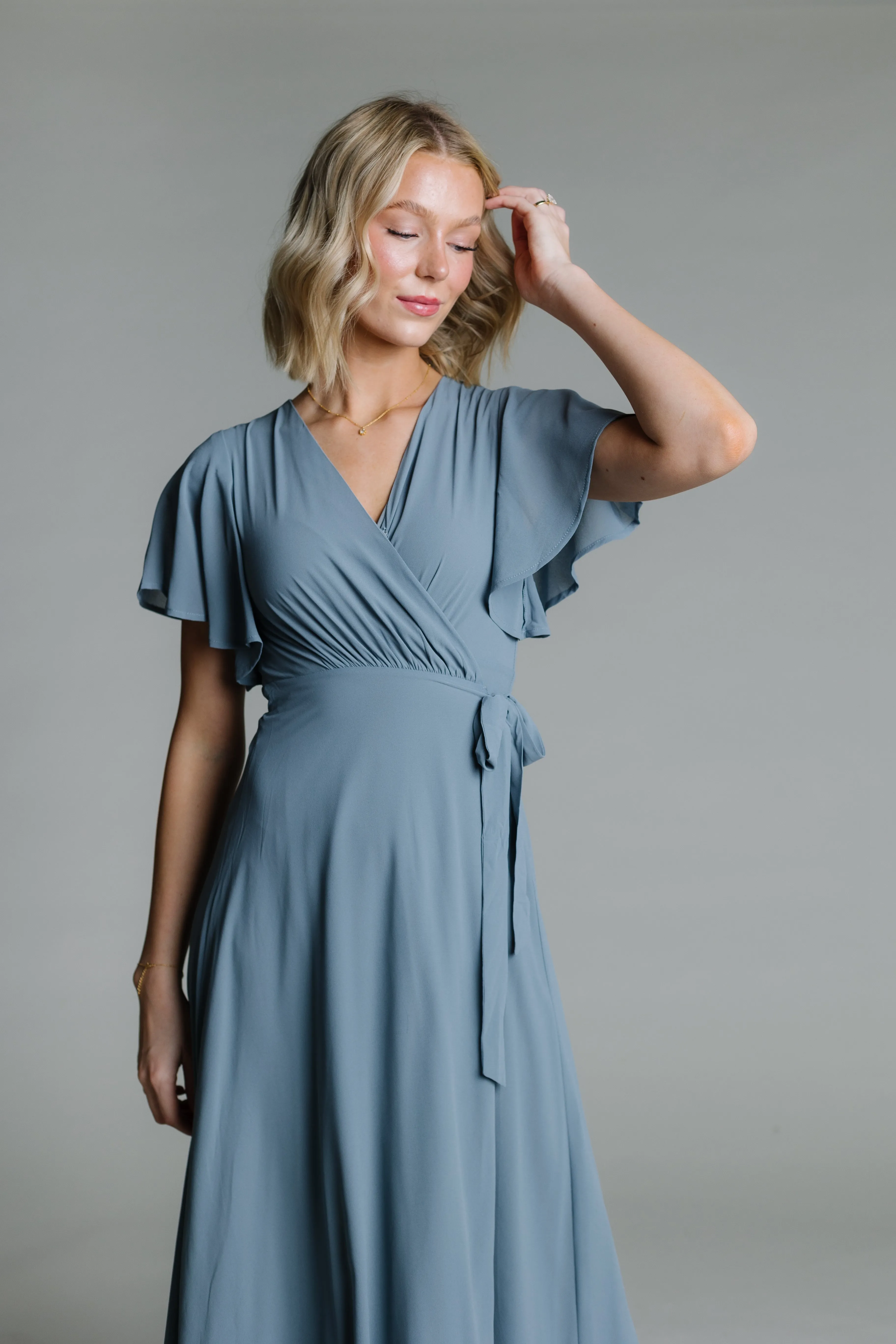 Naples Flutter Sleeve Wrap Maxi - Dusty Blue