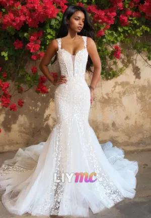 Off-Shoulder Sleeveless Appliques Mermaid Sweep Train Wedding Dress