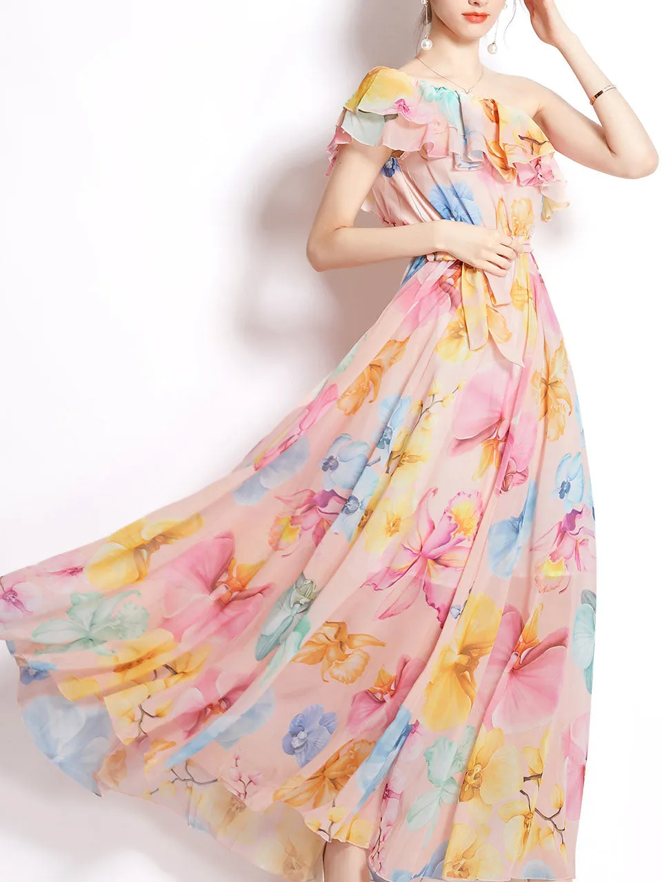 Pink One Shoulder Rose Floral Print Ruffles Boho Dress Maxi Dress