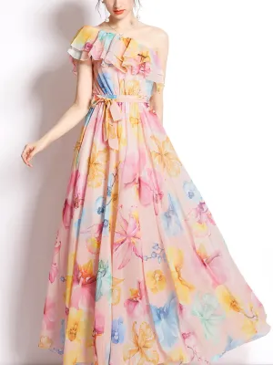 Pink One Shoulder Rose Floral Print Ruffles Boho Dress Maxi Dress