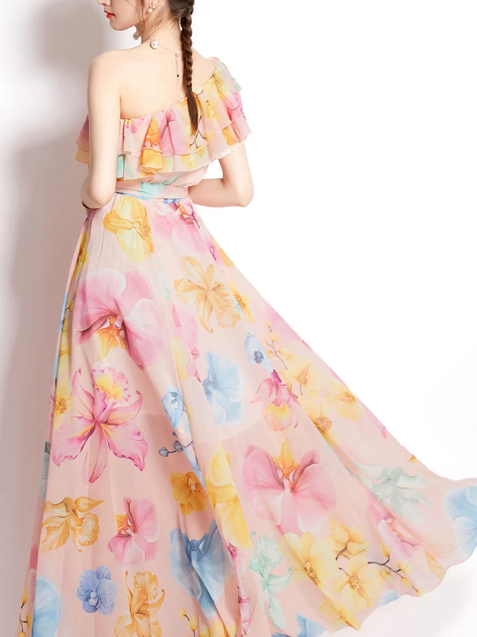 Pink One Shoulder Rose Floral Print Ruffles Boho Dress Maxi Dress