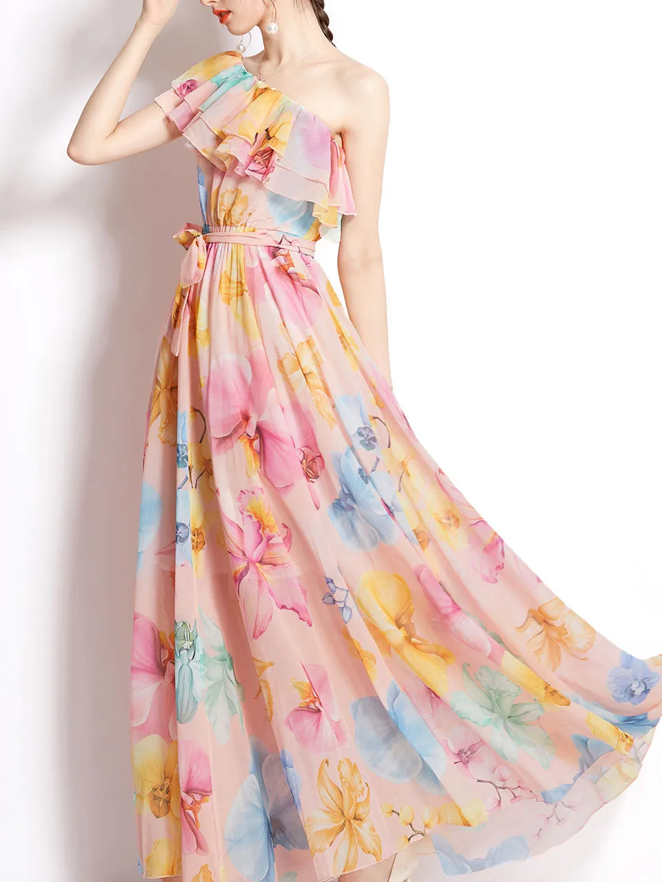 Pink One Shoulder Rose Floral Print Ruffles Boho Dress Maxi Dress