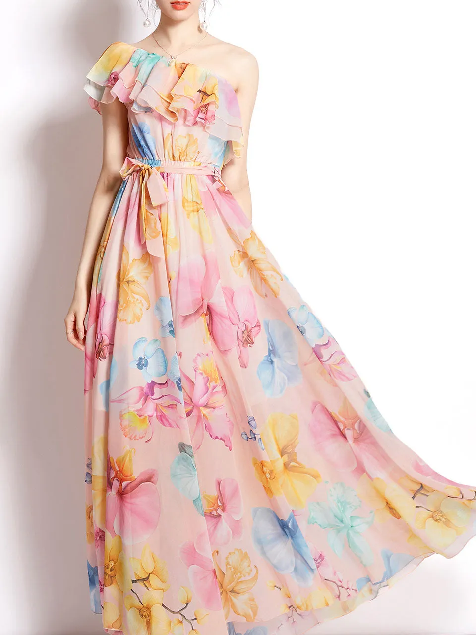 Pink One Shoulder Rose Floral Print Ruffles Boho Dress Maxi Dress