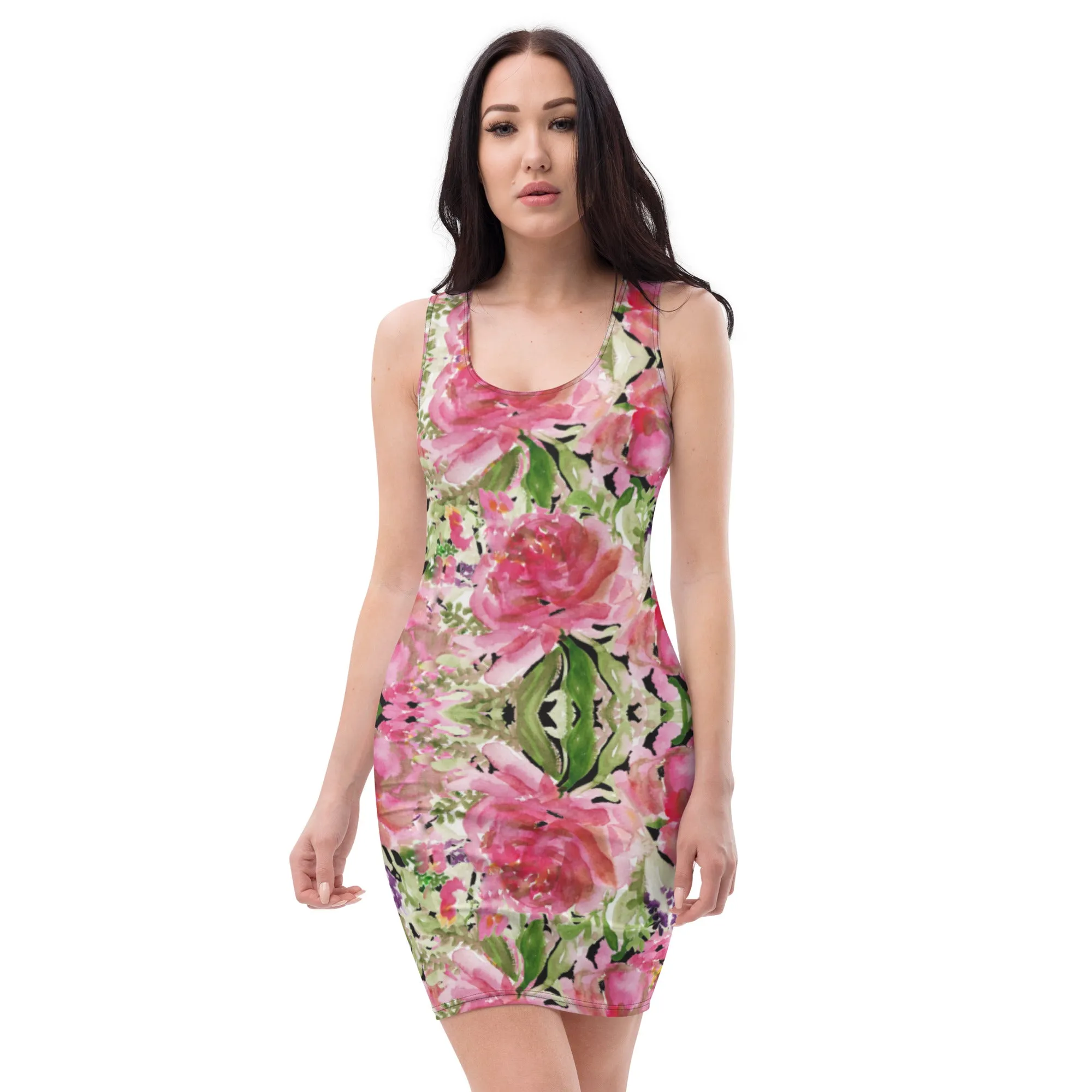 Pink Rose Floral Print Dress, Flower Print Classic Tank Sleeveless Comfy Dress- Made in USA/EU/MX