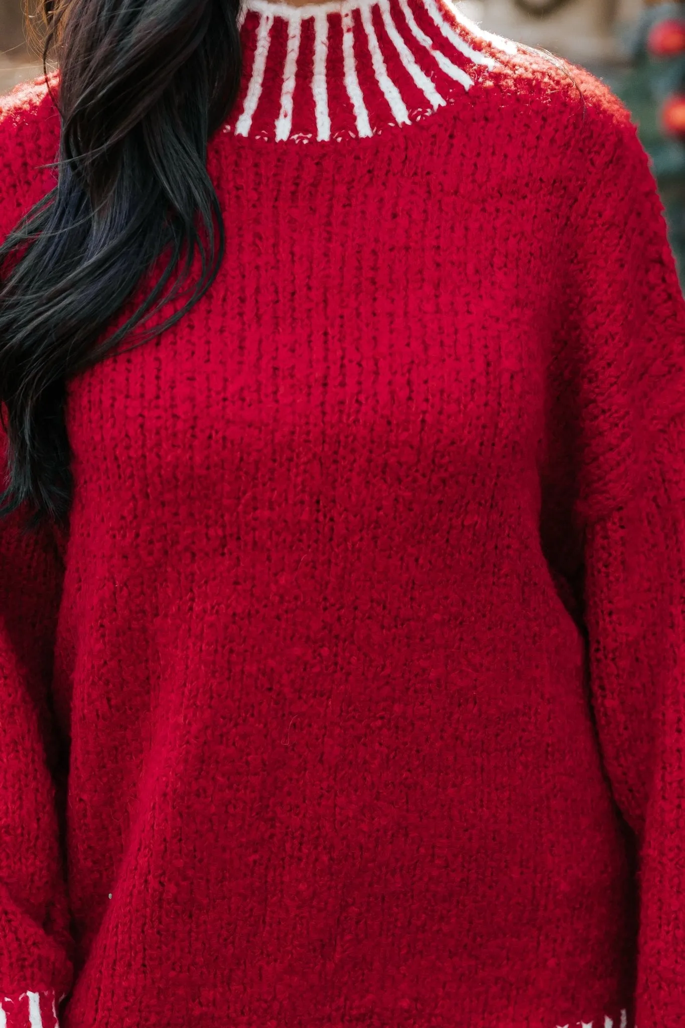 Red and White Contrast Stitch Sweater