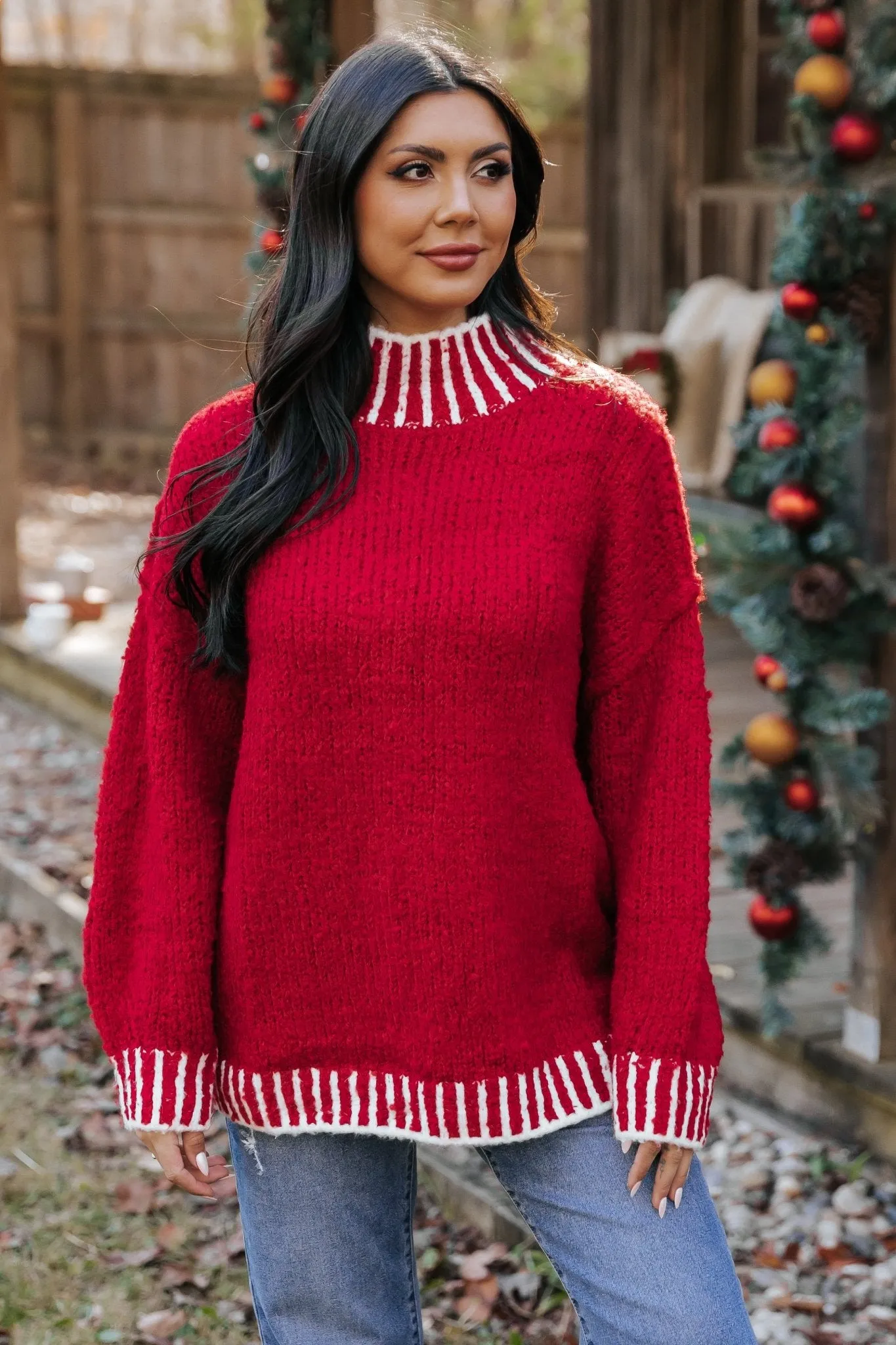 Red and White Contrast Stitch Sweater