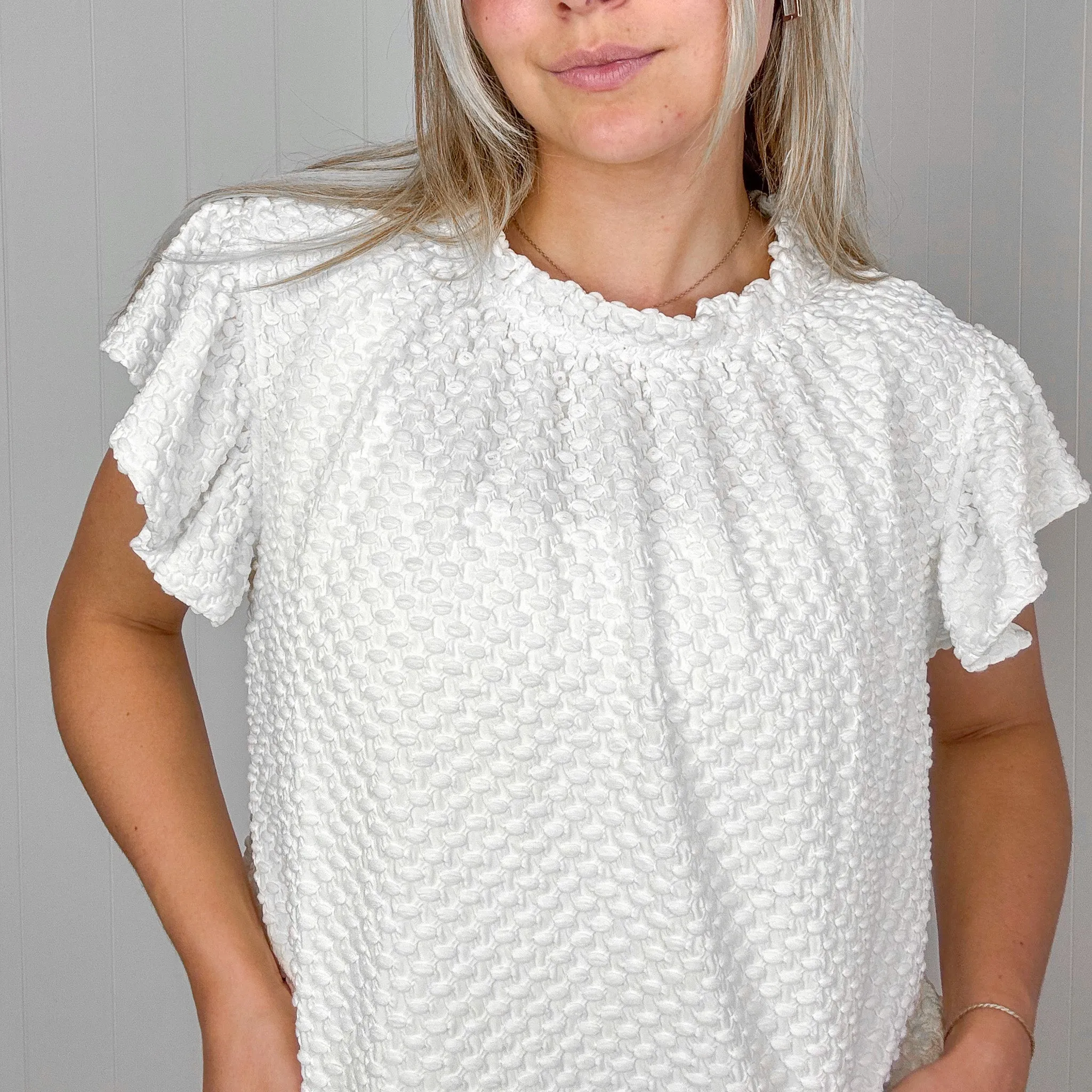 Sheek Soft Lightweight Bubble Ruffle Neck Short Sleeve Blouse in Cream