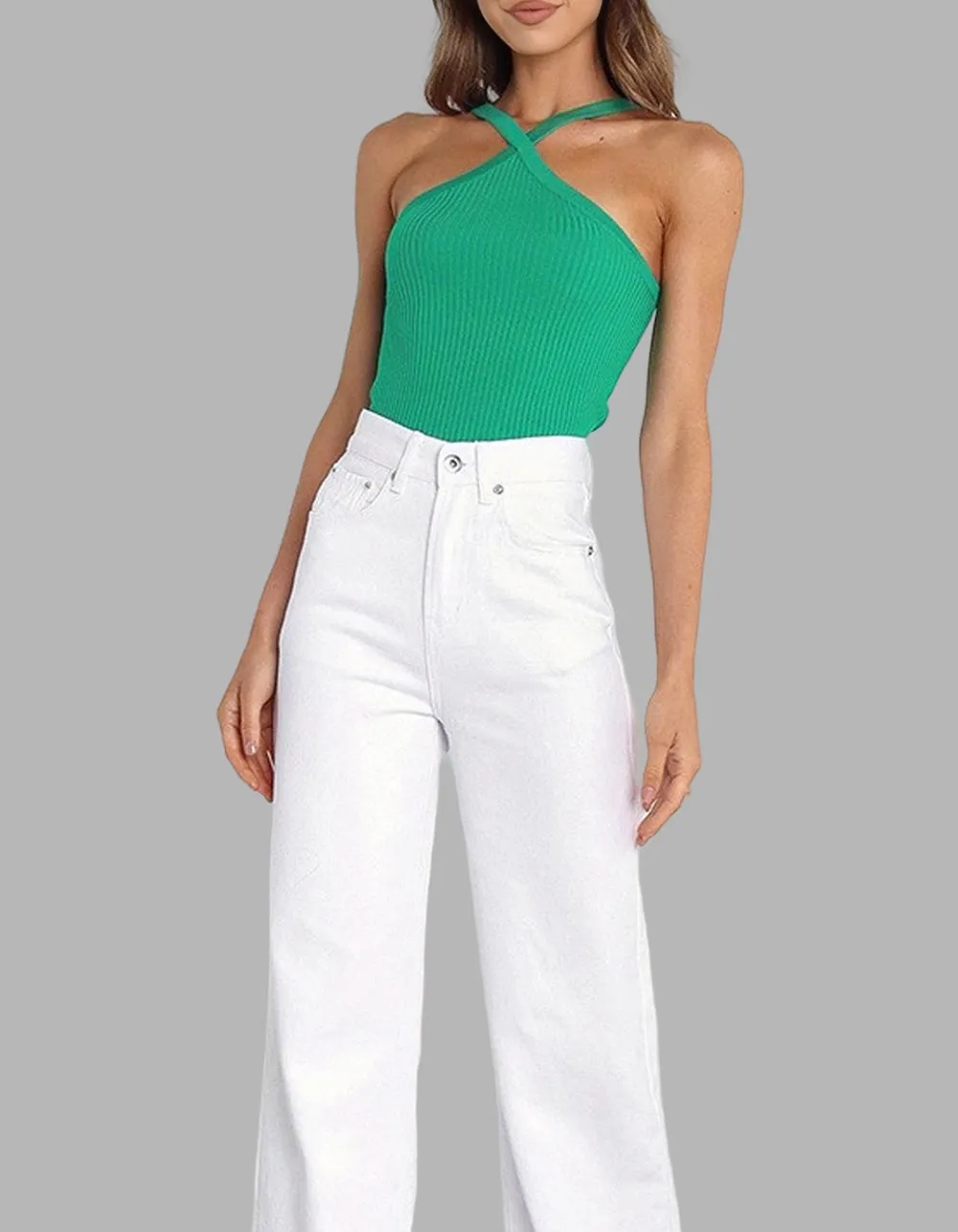 Solid-color Halter Backless Rib-Knit Short Camisole