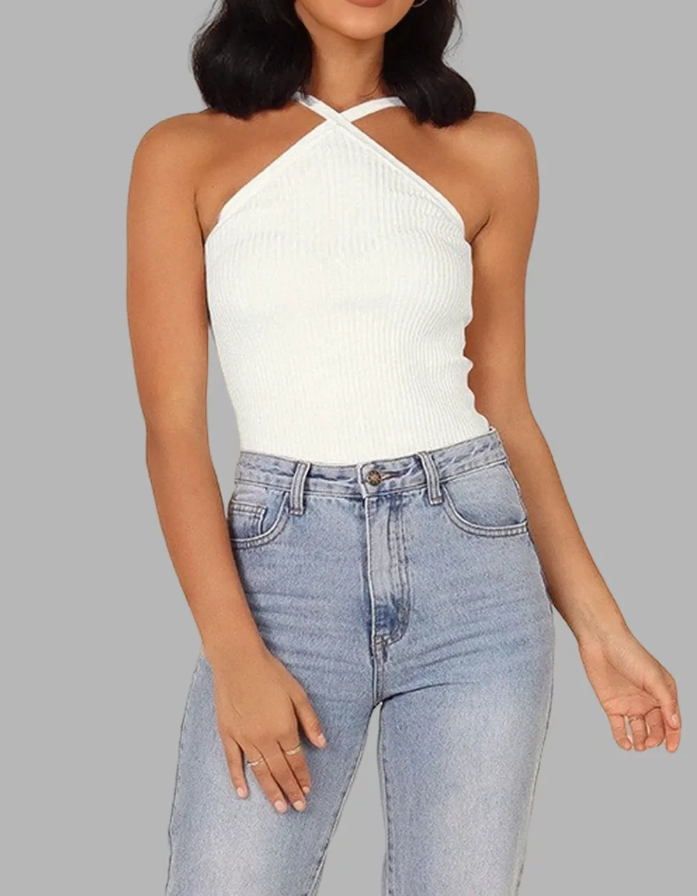 Solid-color Halter Backless Rib-Knit Short Camisole