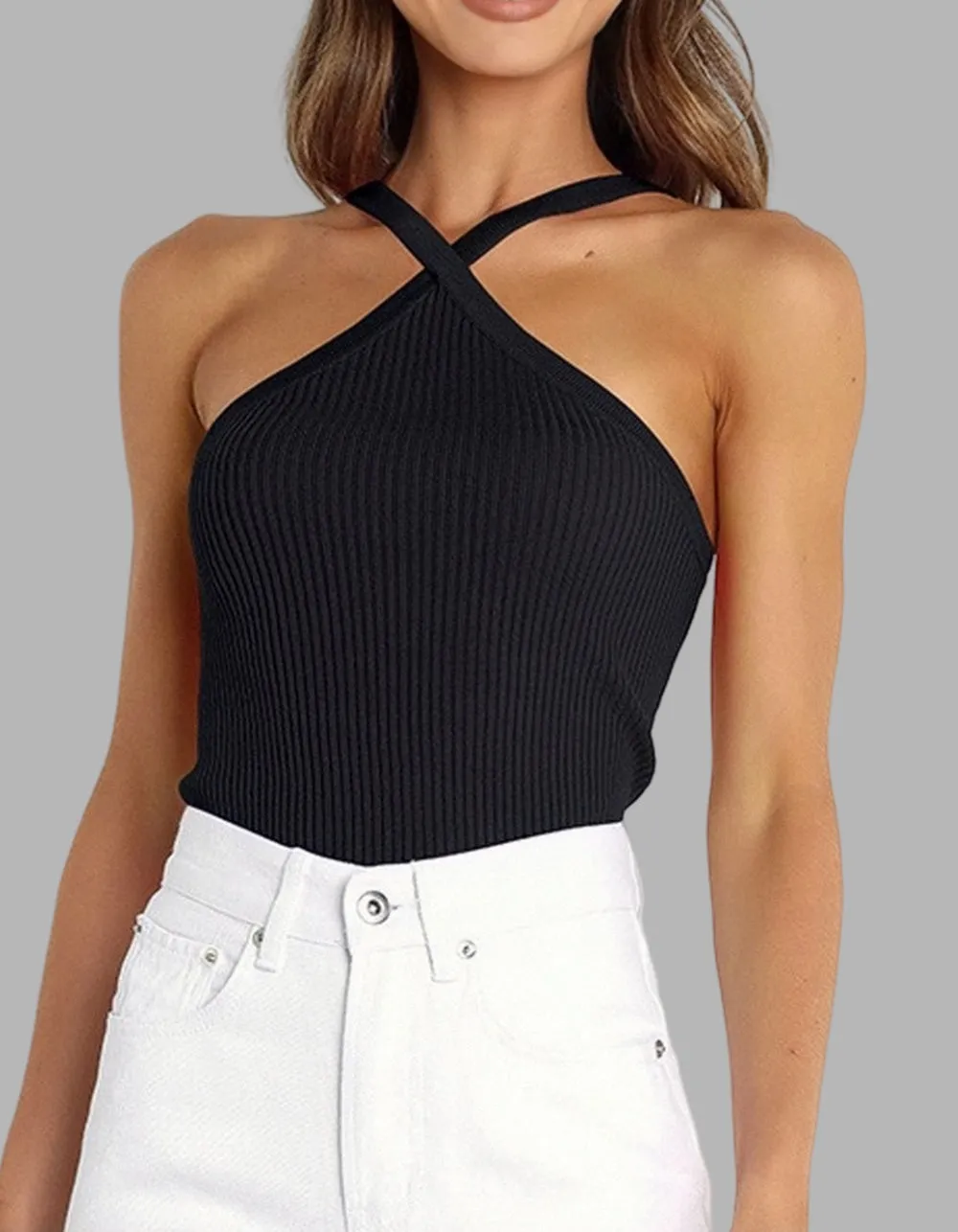 Solid-color Halter Backless Rib-Knit Short Camisole