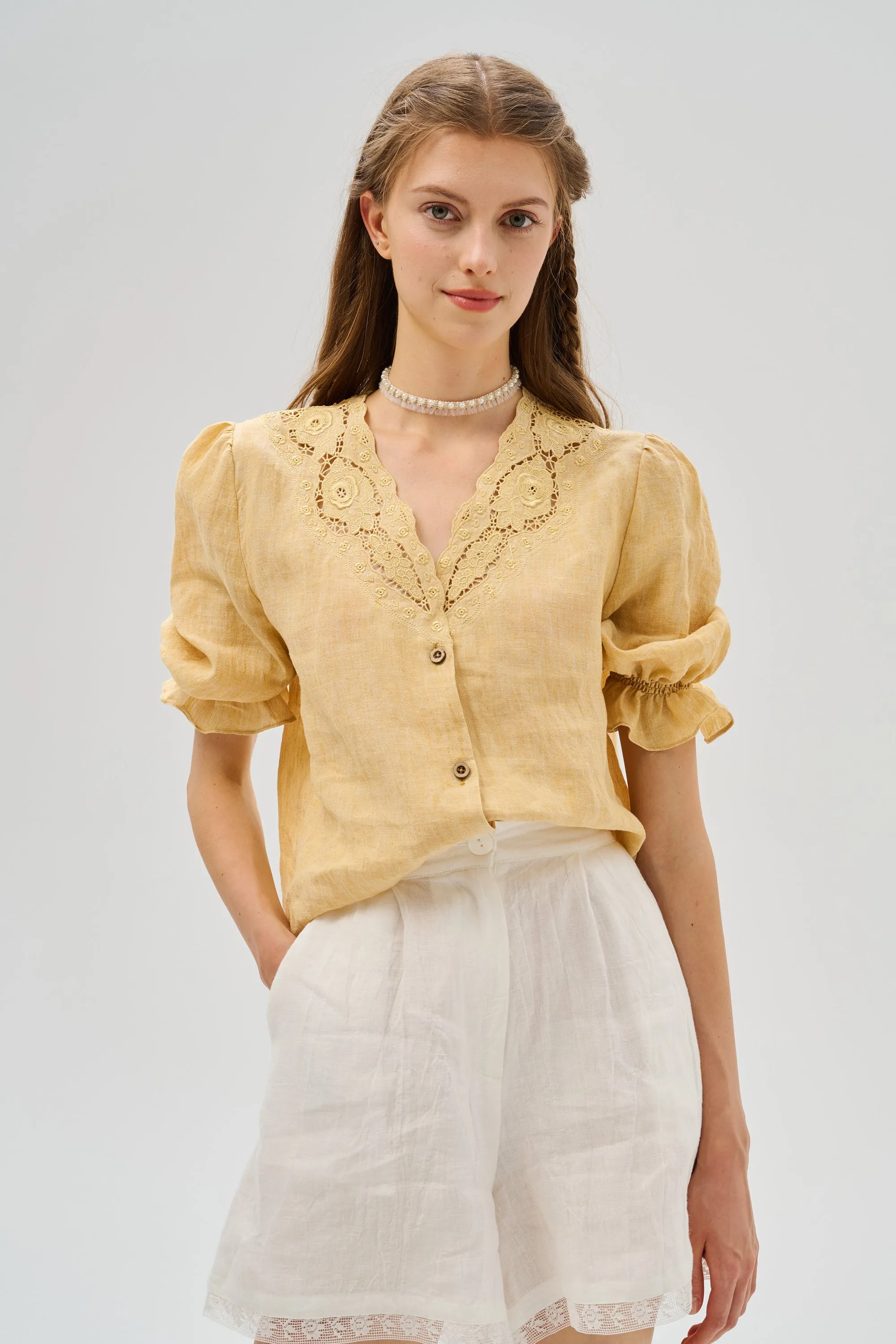 Summer 17 | openwork 100% linen blouse with lace