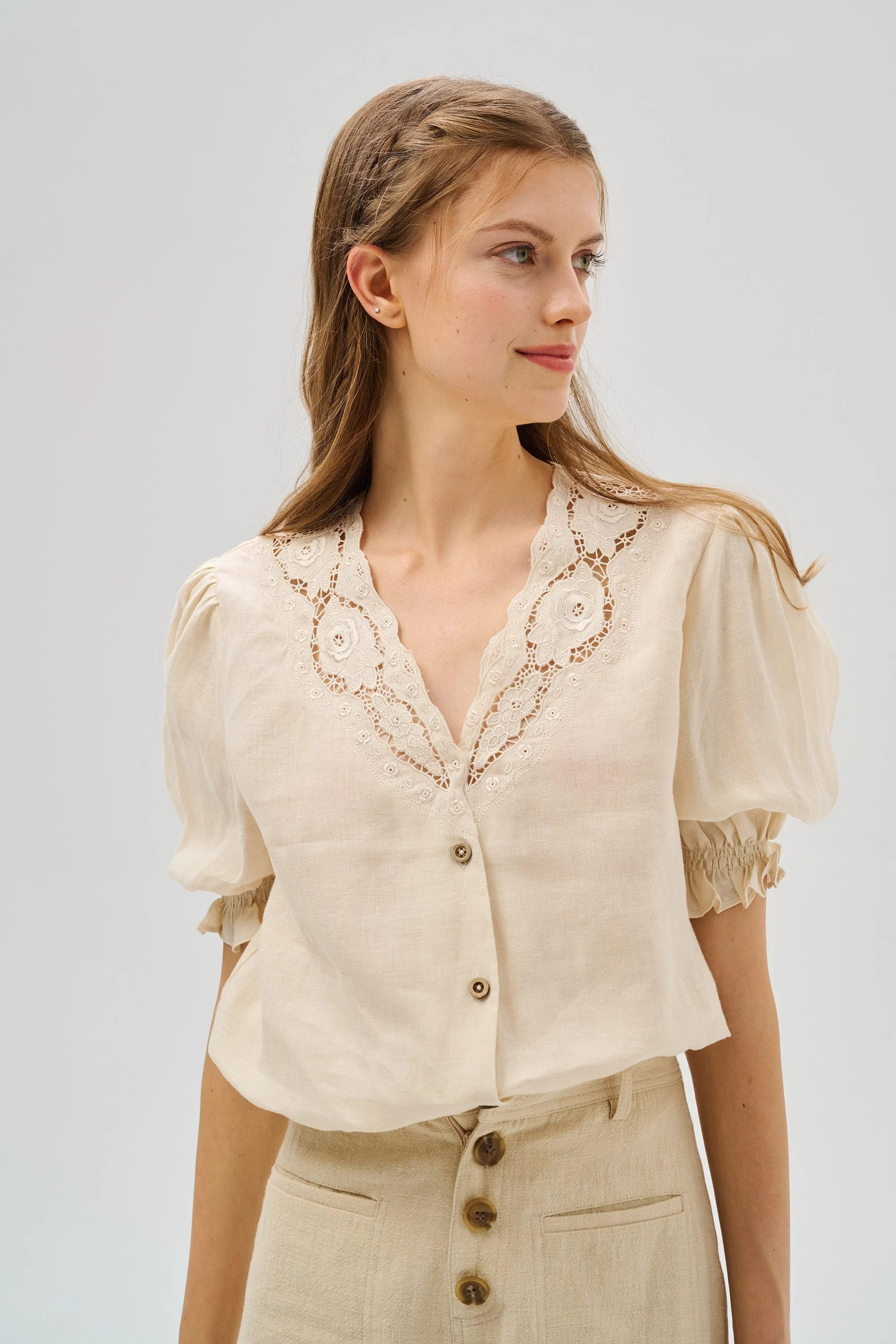 Summer 17 | openwork 100% linen blouse with lace