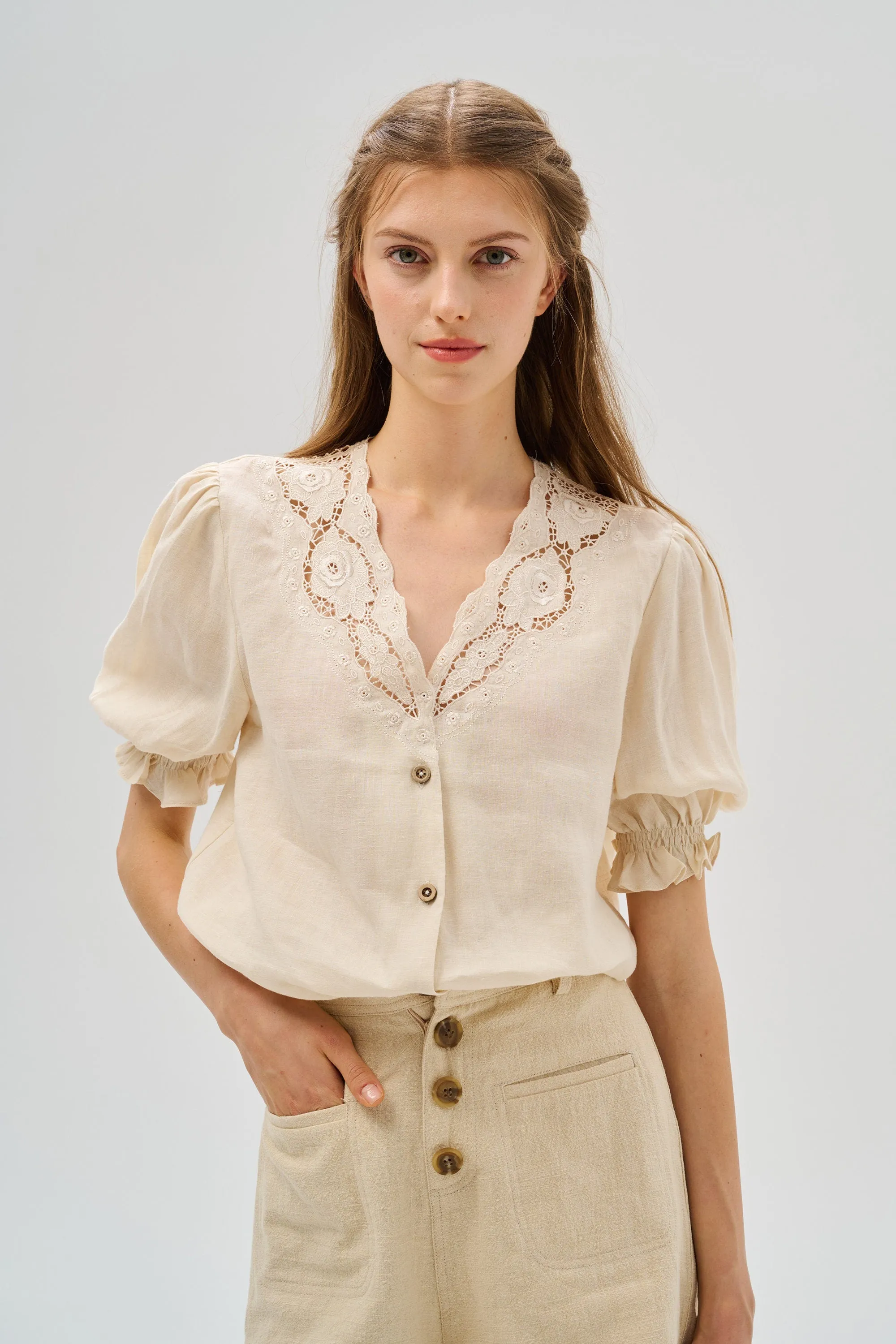 Summer 17 | openwork 100% linen blouse with lace