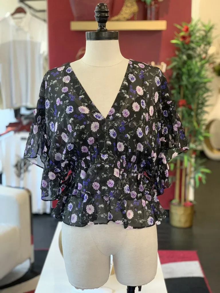 The Kooples Purple/Black Floral Ruffle S/S Blouse