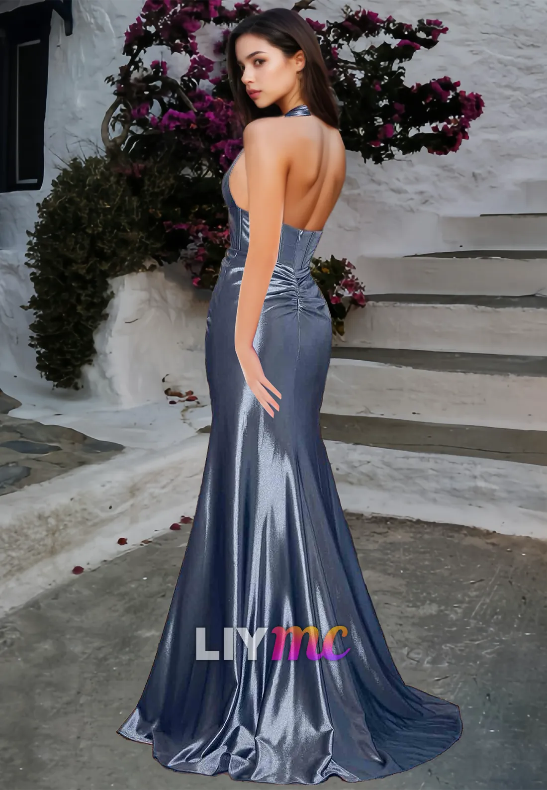 V-Neck Sleeveless Pleated Side Slit Sheath Prom Dress