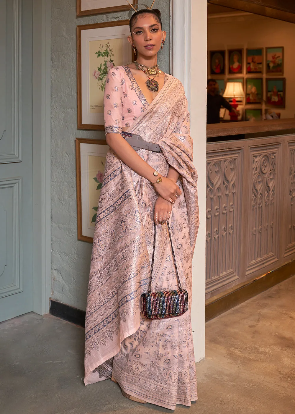 Valentine Pink Kashmiri Woven Cotton Silk Saree