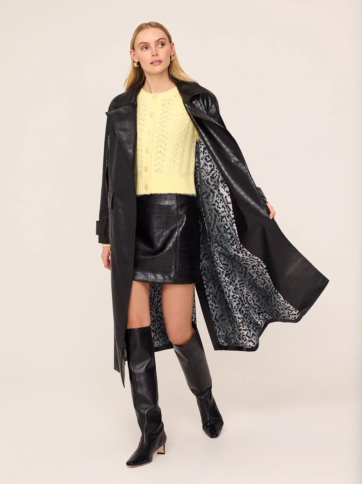 Valeria Black Faux Croc Oversized Trench Coat