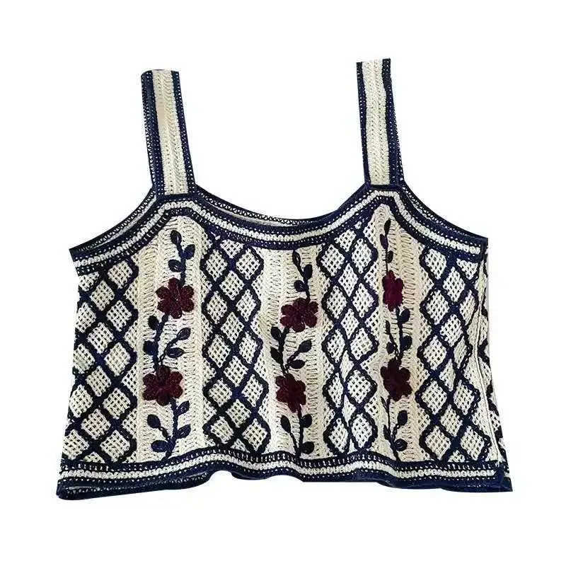 Vintage Flower Short Slim Knit Camisole - Women's Crop Top