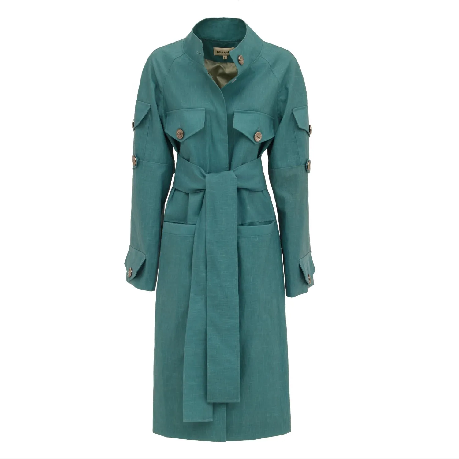 Water-Resistant Single-Breasted Trench Coat With Belt Turquoise