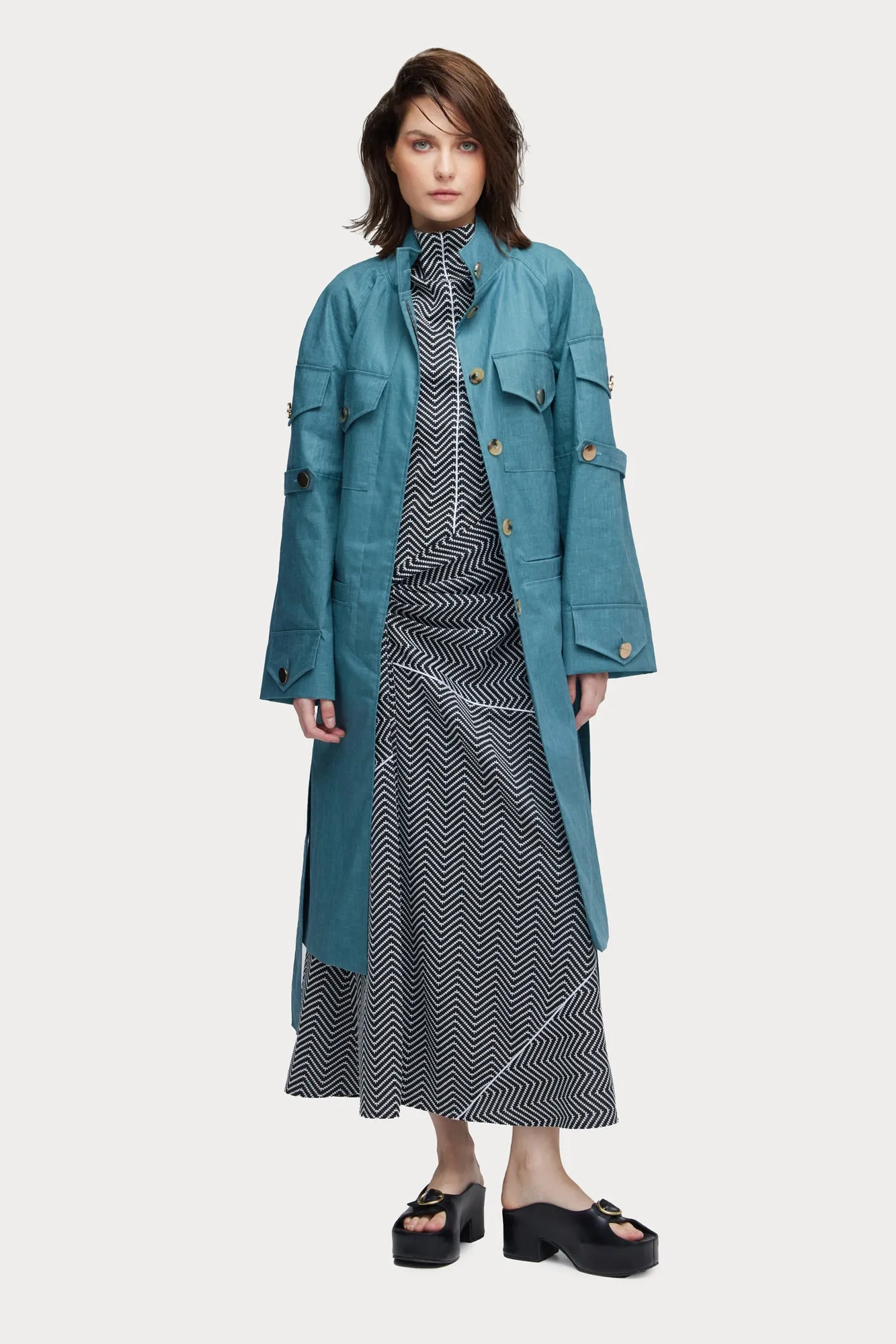 Water-Resistant Single-Breasted Trench Coat With Belt Turquoise