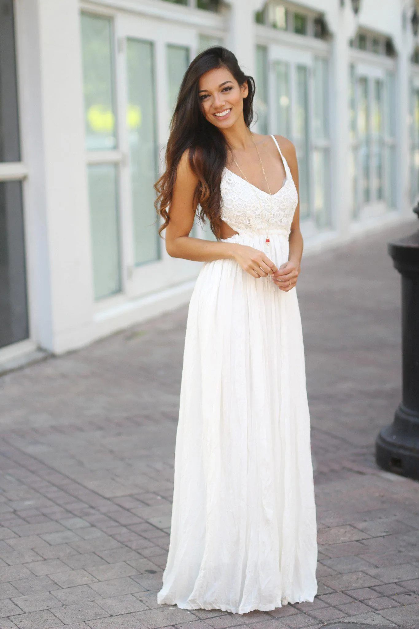 White Lace Maxi Dress with Open Back and Frayed Hem