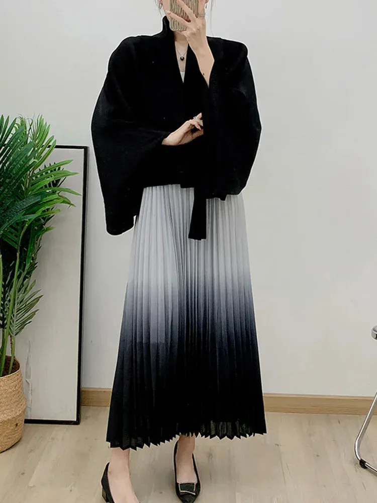 Women's 2-Piece Pleated Long Skirt & Cardigan Set