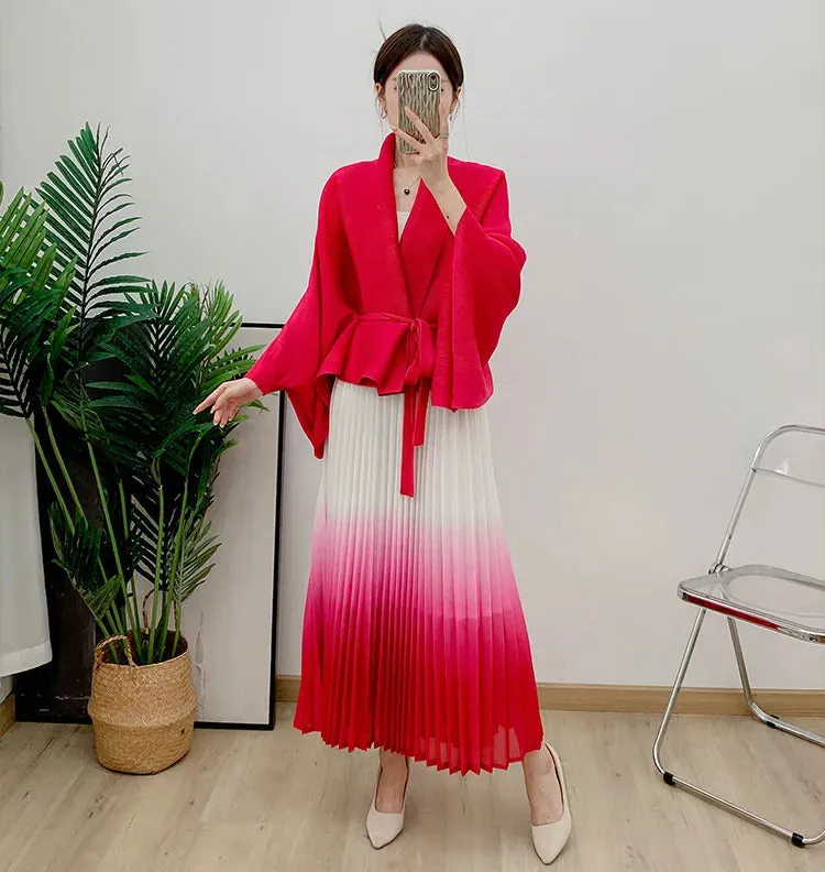 Women's 2-Piece Pleated Long Skirt & Cardigan Set