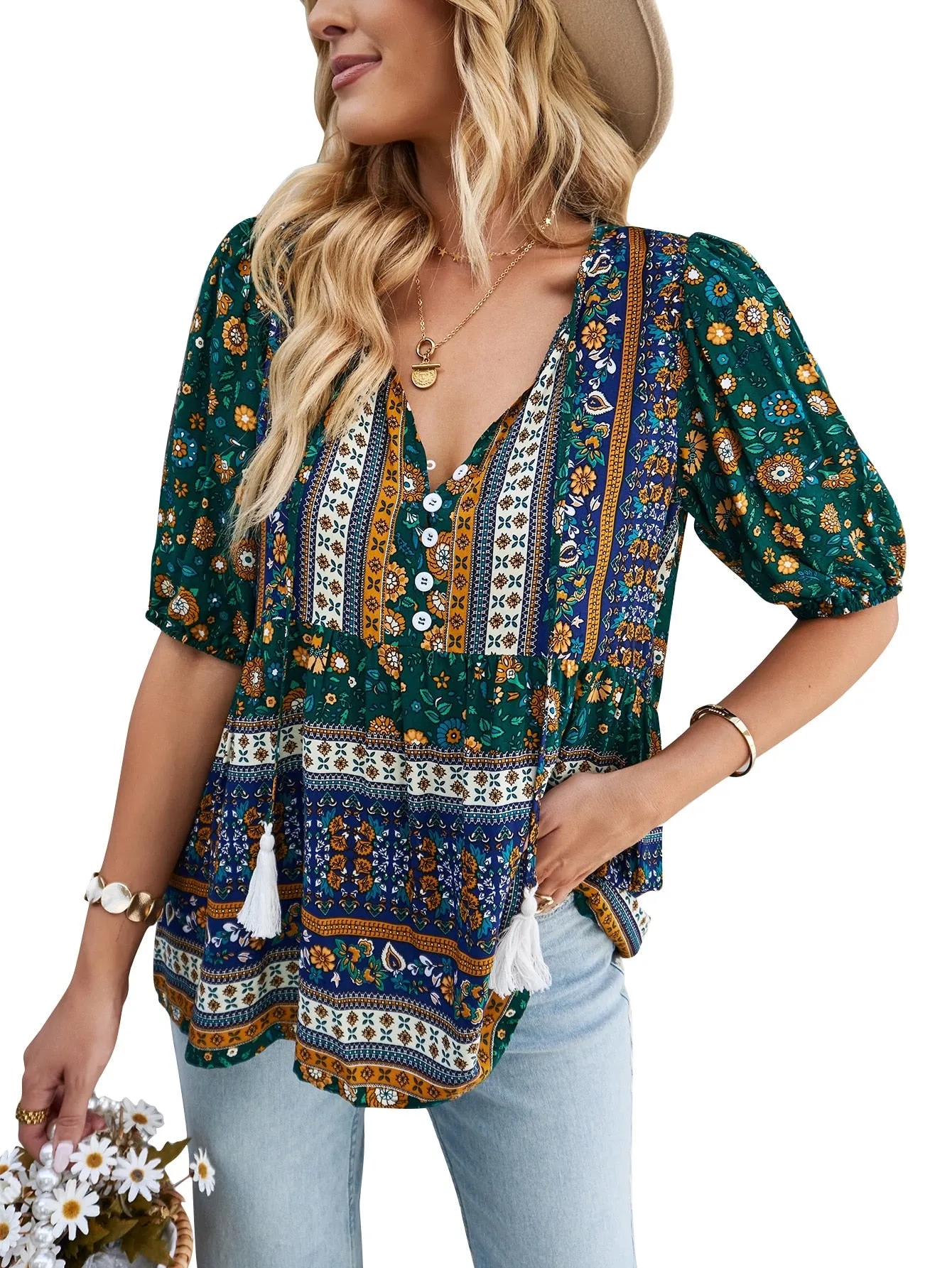 Women's Casual Boho Floral Printed Beach Blouses