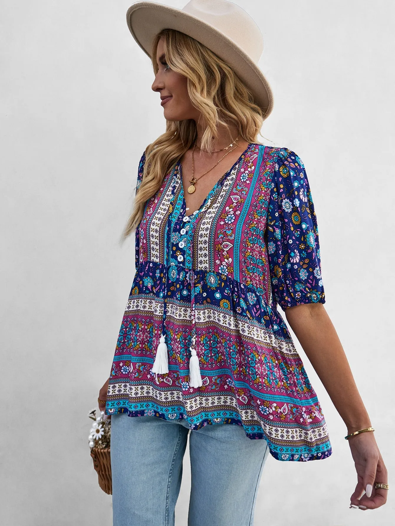 Women's Casual Boho Floral Printed Beach Blouses