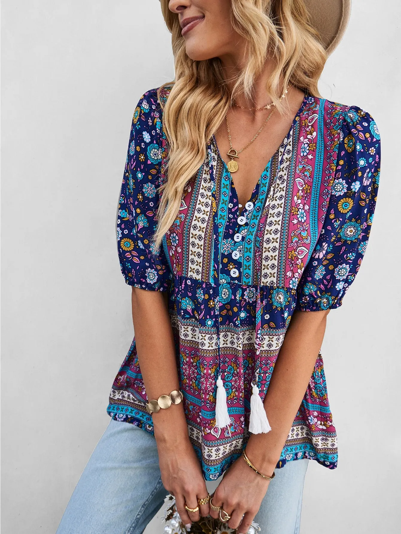 Women's Casual Boho Floral Printed Beach Blouses